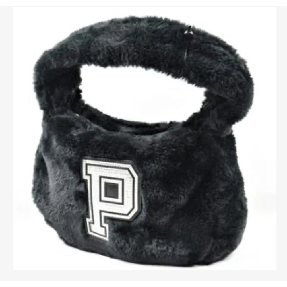 Y2K Paris Hilton Faux Fur Hobo Bag Women Small Black Rhinestone P Bling Patch